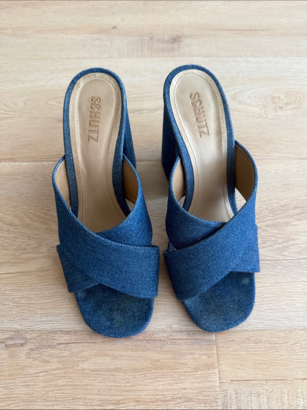 SCHUTZ Denim Blue Cross-Strap Mules